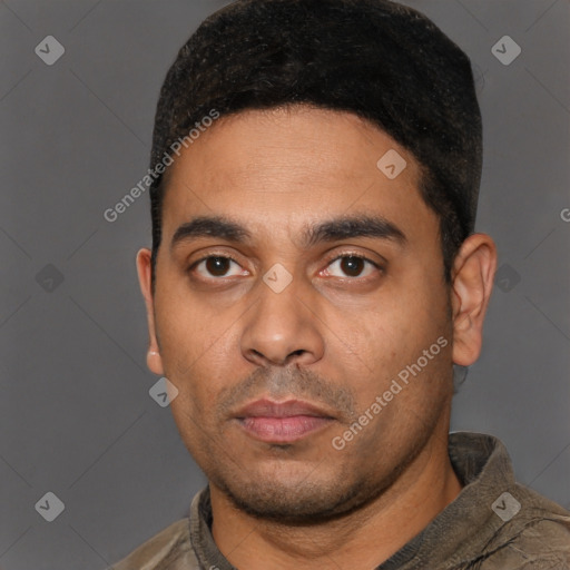 Neutral latino young-adult male with short  black hair and brown eyes