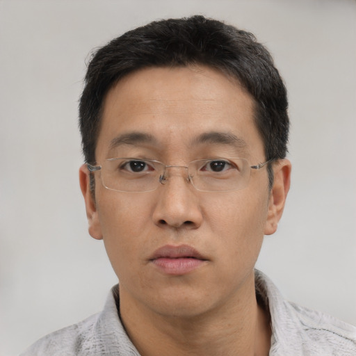 Neutral asian adult male with short  black hair and brown eyes