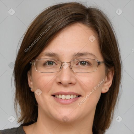 Joyful white adult female with medium  brown hair and grey eyes