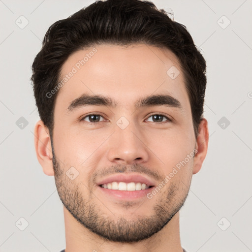 Joyful white young-adult male with short  brown hair and brown eyes