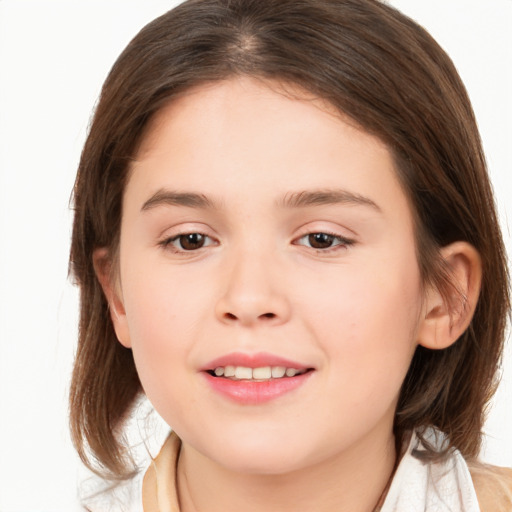 Joyful white child female with medium  brown hair and brown eyes