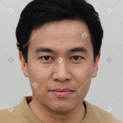 Neutral asian young-adult male with short  brown hair and brown eyes