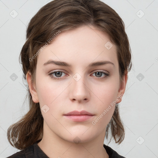 Neutral white young-adult female with medium  brown hair and grey eyes