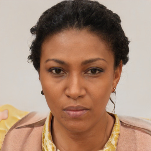 Neutral black young-adult female with short  brown hair and brown eyes