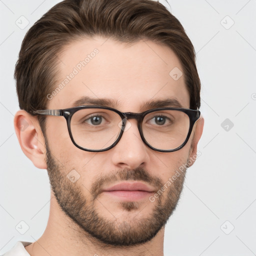 Neutral white young-adult male with short  brown hair and brown eyes