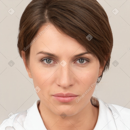 Neutral white young-adult female with medium  brown hair and brown eyes