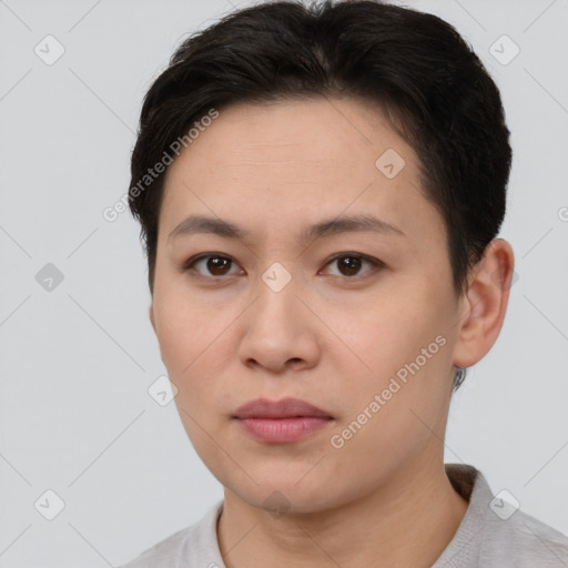 Neutral asian young-adult female with short  brown hair and brown eyes