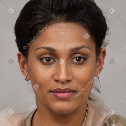 Joyful latino young-adult female with short  brown hair and brown eyes