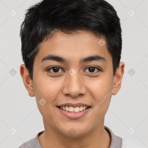 Joyful latino young-adult male with short  brown hair and brown eyes