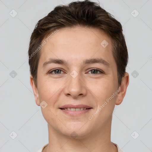 Joyful white young-adult female with short  brown hair and brown eyes