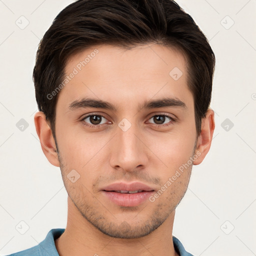 Neutral white young-adult male with short  brown hair and brown eyes