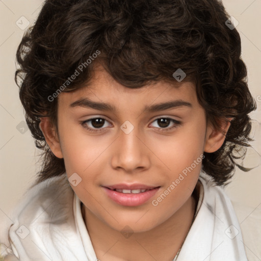 Joyful white child female with medium  brown hair and brown eyes