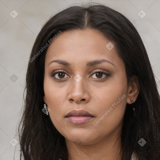 Neutral latino young-adult female with long  brown hair and brown eyes