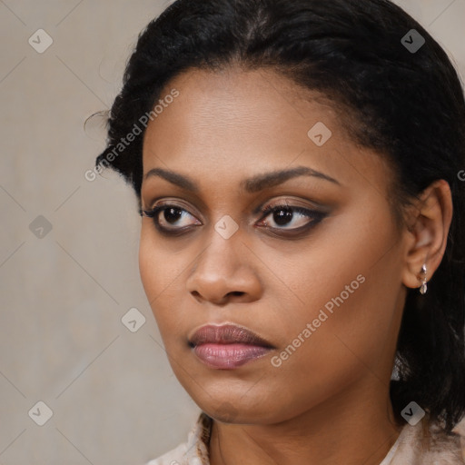 Neutral black young-adult female with medium  black hair and brown eyes