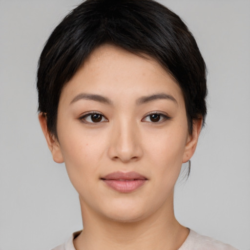 Neutral asian young-adult female with short  black hair and brown eyes