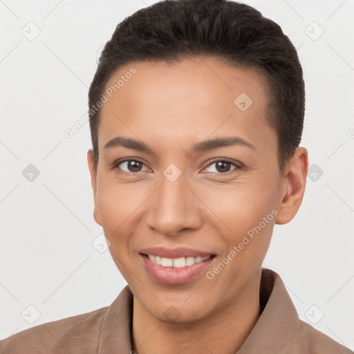 Joyful white young-adult female with short  brown hair and brown eyes