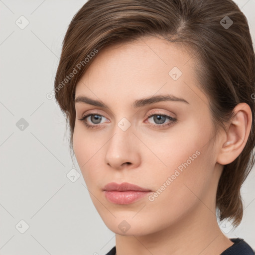 Neutral white young-adult female with medium  brown hair and grey eyes