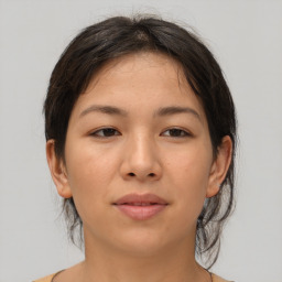 Neutral asian young-adult female with medium  brown hair and brown eyes