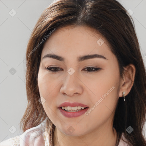 Joyful white young-adult female with medium  brown hair and brown eyes