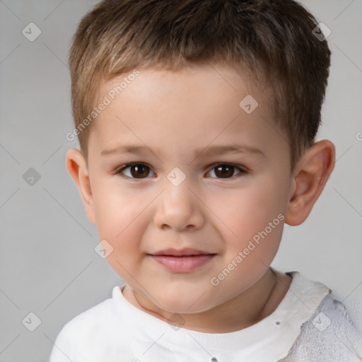 Joyful white child male with short  brown hair and brown eyes