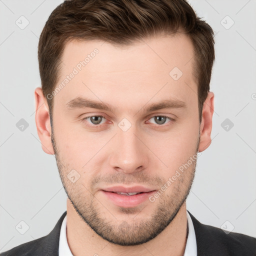 Neutral white young-adult male with short  brown hair and grey eyes