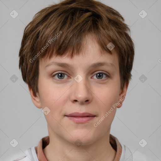 Neutral white young-adult female with short  brown hair and grey eyes