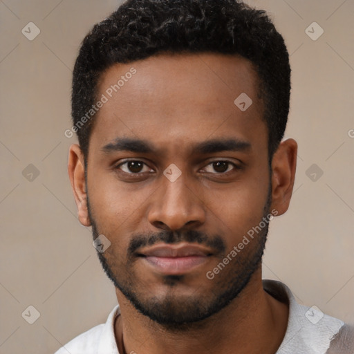 Neutral black young-adult male with short  black hair and brown eyes