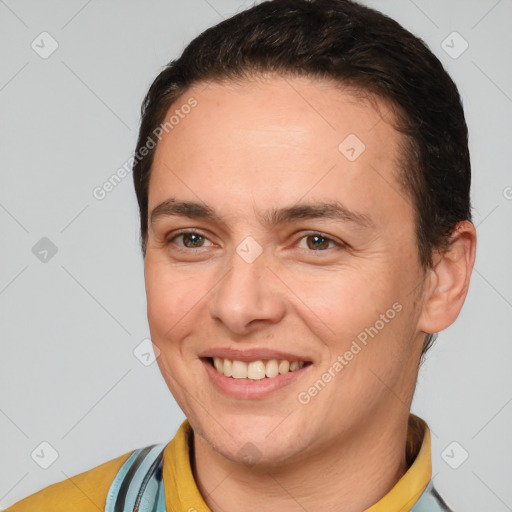 Joyful white adult female with short  brown hair and brown eyes