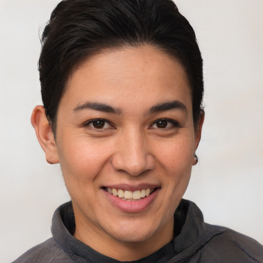 Joyful white young-adult female with short  brown hair and brown eyes
