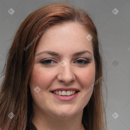 Joyful white young-adult female with long  brown hair and blue eyes