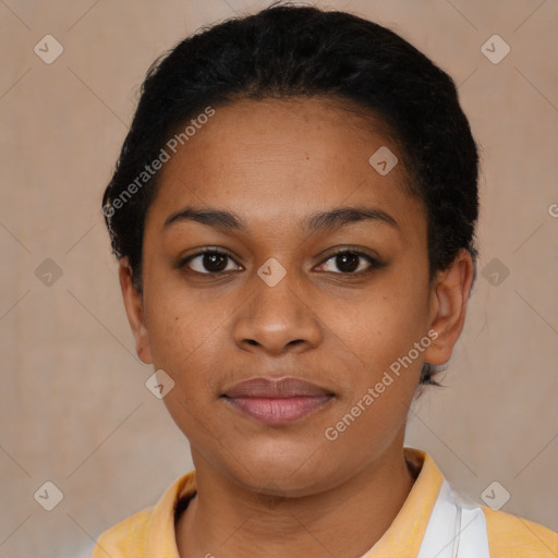 Joyful latino young-adult female with short  black hair and brown eyes