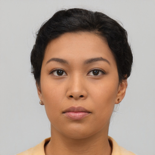 Neutral asian young-adult female with short  black hair and brown eyes