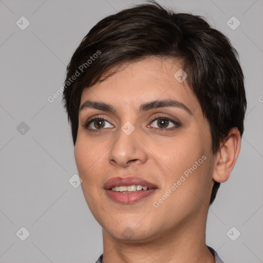 Joyful white young-adult female with short  brown hair and brown eyes