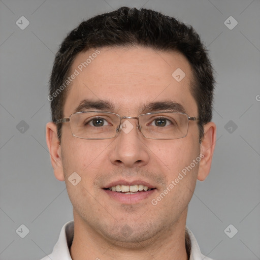 Joyful white adult male with short  brown hair and brown eyes