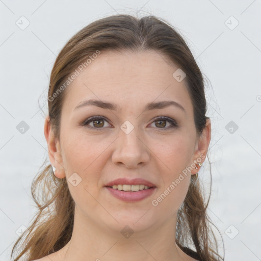 Joyful white young-adult female with medium  brown hair and grey eyes