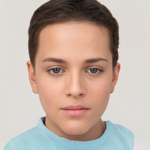 Neutral white young-adult female with short  brown hair and brown eyes