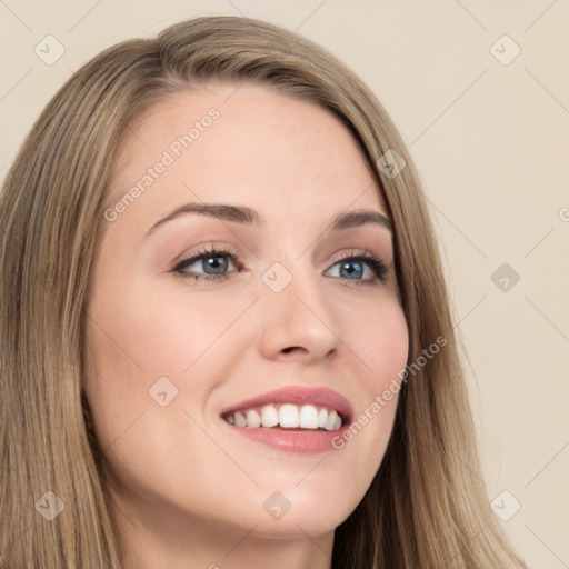 Joyful white young-adult female with long  brown hair and grey eyes