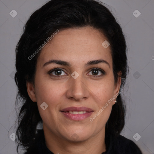 Joyful white adult female with medium  brown hair and brown eyes