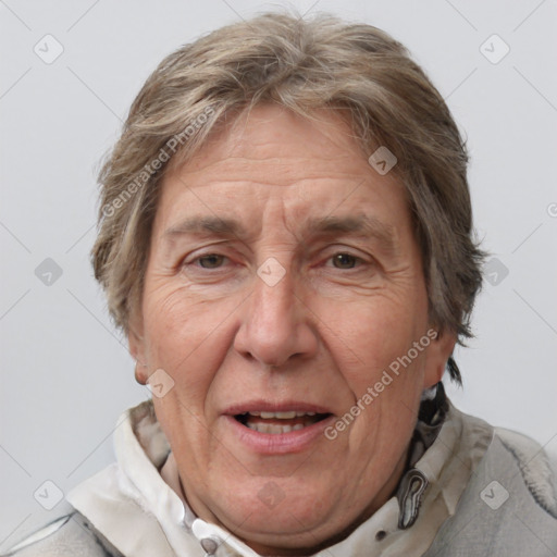 Joyful white middle-aged female with medium  brown hair and grey eyes