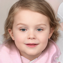 Joyful white child female with medium  brown hair and blue eyes