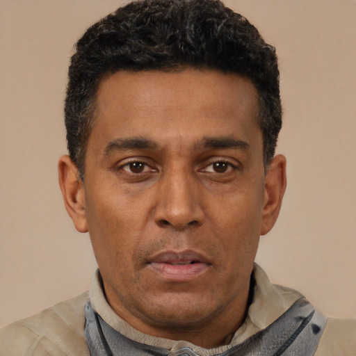 Neutral latino adult male with short  black hair and brown eyes