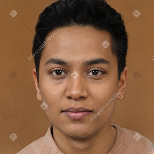 Joyful latino young-adult male with short  black hair and brown eyes