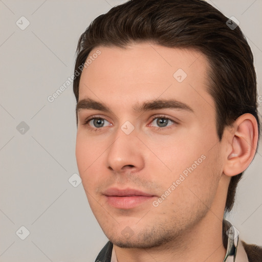 Neutral white young-adult male with short  brown hair and brown eyes