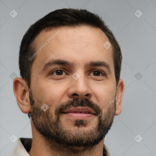 Neutral white adult male with short  brown hair and brown eyes