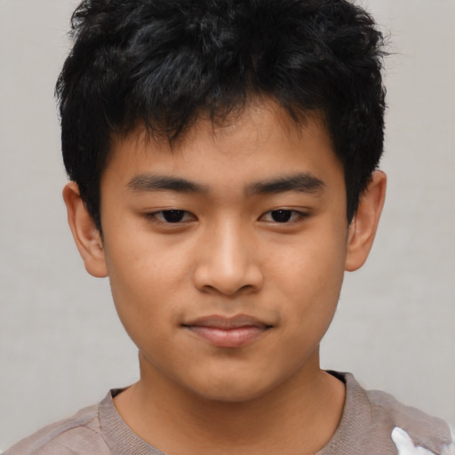 Joyful asian child male with short  black hair and brown eyes