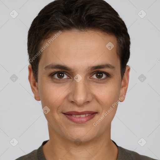 Joyful white young-adult female with short  brown hair and brown eyes