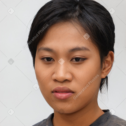 Neutral asian young-adult female with medium  black hair and brown eyes