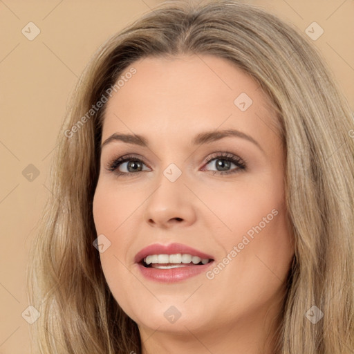 Joyful white young-adult female with long  brown hair and brown eyes