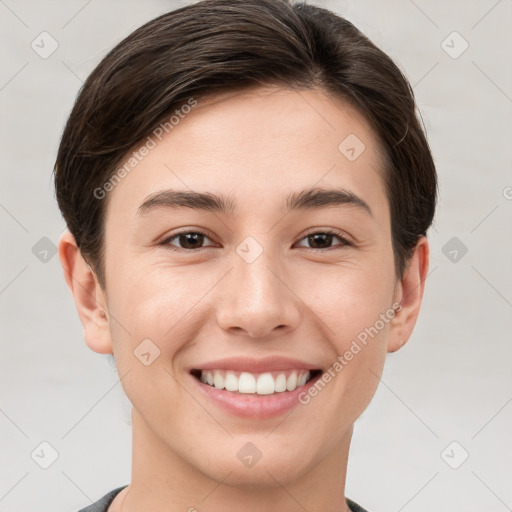 Joyful white young-adult female with short  brown hair and brown eyes