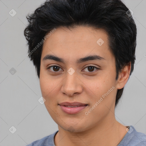 Joyful asian young-adult female with short  black hair and brown eyes